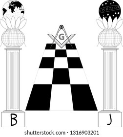 Masonic symbol - B,J pillars and tessellated floor
