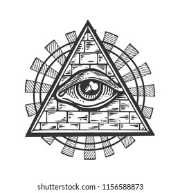 Masonic symbol eye in pyramid engraving vector illustration. Scratch board style imitation. Black and white hand drawn image.