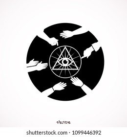 Masonic symbol, human hands during business discussion. New World Order.
