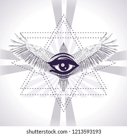Masonic symbol.Six pointed star and all seeing eye, bird.Ornamental composition with sacred geometry and eye providence and flying eagle.Black and white pattern.Conspiracy theory. Print t shirt.Tattoo