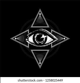 Masonic symbol of power. Sacred geometry with all seeing eye. Sketch for print t shirt and tattoo art. 