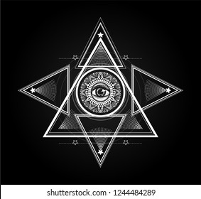 Masonic symbol. Sacred geometry with all seeing eye. White mystic illustration on the black background. Print for t shirt and tattoo art.