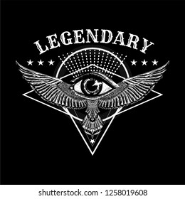 Masonic symbol. Sacred geometry with all seeing eye, wings and slogan: Legendary. Sketch for print t shirt and tattoo art. Ancient symbol. 