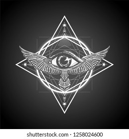 Masonic symbol. Sacred geometry with all seeing eye and wings.Sketch for print t shirt and tattoo art. Ancient symbol. Magic mandala with eye of providence. Alchemy.