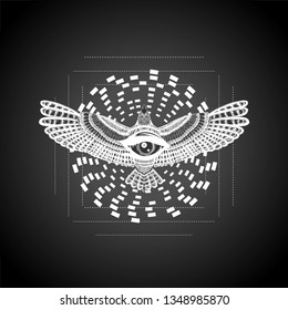 Masonic symbol.  Sacred geometry with flying bird and all seeing eye. To be use for tattoo art, coloring book pages and print for t shirt. Black and white illustration. Zentangle. Line art.