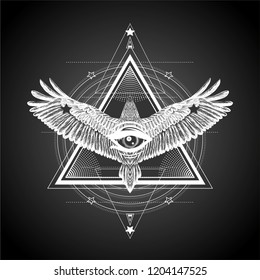 Masonic symbol.All seeing eye with flying bird.Esoteric print t shirt and tattoo art.Mystical symbols and bird. Alchemy, occultism,spirituality, coloring book. Hand drawn illustration.New world order