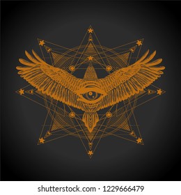 Masonic symbol.All seeing eye with flying bird.Esoteric print t shirt and tattoo art.Mystical symbols and bird. Hand drawn illustration.