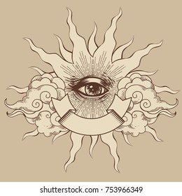 Masonic symbol. Seeing eye. Vector illustration with place for your text