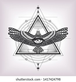 Masonic symbol. Triangle with eye of providence, flying bird. Esoteric print t shirt and tattoo art. Mystical symbol and bird. Alchemy, occultism, spirituality, coloring book. Hand drawn illustration 