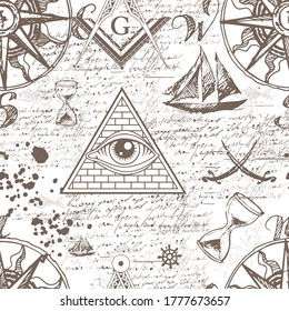 Masonic symbols on the background of handwritten text. Seamless pattern New world order. Sacred geometry, religion, spirituality, occultism. Vector image