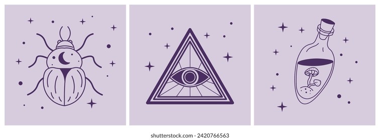 Masonic and witch symbols. Concept of combination of illuminati and magic. Scarab beetle decorated with waning moon, eye of providence in triangle and corked bottle of potion. Vector in flat style