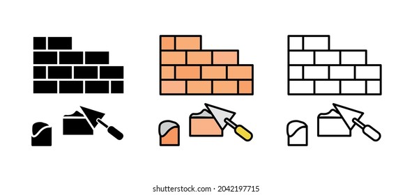 Juego de iconos de construcción de mampostería, ladrillo y paleta. Icono de ingeniería. Conjunto de ilustraciones vectoriales de arte. Conjunto de líneas modificable. Conjunto de iconos de silueta, coloreado y lineal.