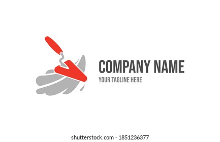 Masonry creative icon concept. Orange spatula vector logo template for home repair service or building company. Illustration of red plastering trowel. Plasterer tool vector design. Brick construction.