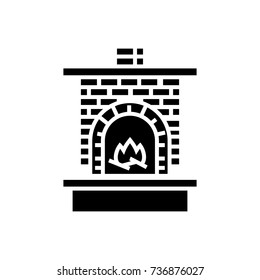 masonry heater - fireplace with brick chimney with fire icon, vector illustration, black sign on isolated background