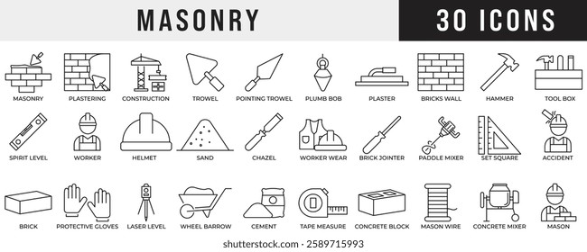 Masonry Icon Set featuring bricks, walls, and construction tools. Perfect for architecture projects, building designs, real estate themes, renovations, engineering visuals, and digital design elements