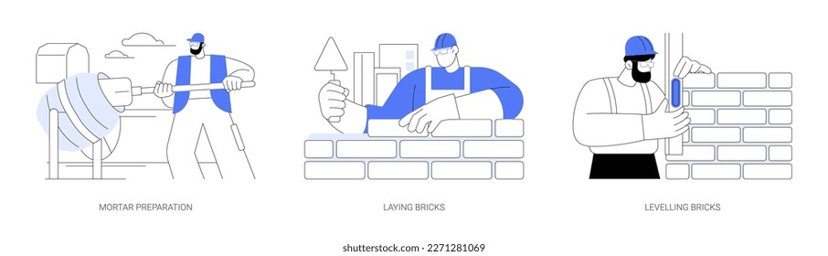 Masonry in private house building abstract concept vector illustration set. Mortar preparation, laying and levelling bricks, brickwork and block work, hire contractor abstract metaphor. svg