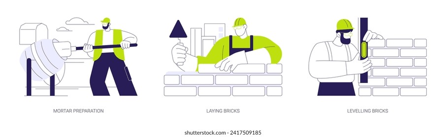 Masonry in private house building abstract concept vector illustration set. Mortar preparation, laying and levelling bricks, brickwork and block work, hire contractor abstract metaphor.