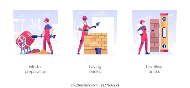 Masonry in private house building isolated concept vector illustration set. Mortar preparation, laying and levelling bricks, brickwork and block work, hire contractor vector cartoon.