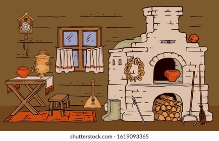 Masonry Stone Stove In Russian Style In Wooden Rustic Cottage House, Vector Sketch Cartoon Illustration. Folklore Kitchen Rural Interior And Furnishing Background.