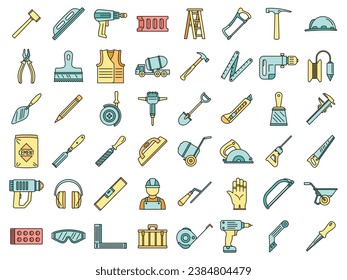 Masonry worker construction icon set. Outline set of masonry worker construction vector icons thin line color flat on white