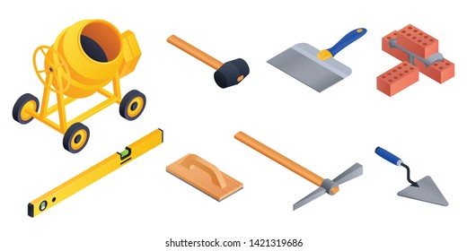 Masonry worker icons set. Isometric set of masonry worker vector icons for web design isolated on white background