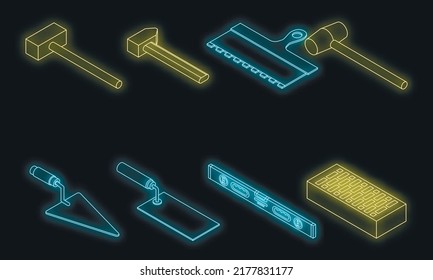 Masonry Worker Icons Set. Isometric Set Of Masonry Worker Vector Icons Neon On Black