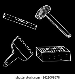 Masonry worker tools icon set. Simple doodle set of masonry worker tools vector icons for web design isolated on black background. Outline collection.