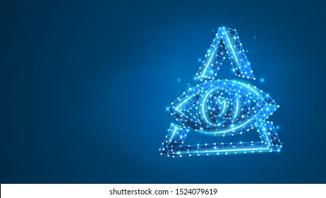 Masons symbol All-seeing eye of God. The eye of Providence in the triangle, religion concept. Abstract, digital, wireframe, low poly mesh, vector blue neon 3d illustration. Triangle, line, dot
