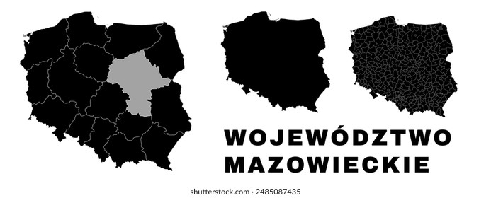 Masovian map, Polish voivodeship. Poland administrative division, provinces, boroughs, and municipalities.