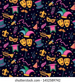 Masquarade Festival Doodle Colorful Icons Seamless Vector Pattern 