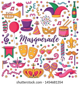 Masquardae festival carnival colorful party icons vector set 