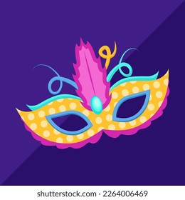 Masquarede costume golden mask, carnival elegant mask in cartoon style for holidays, vector decorative object for parties and festivals.