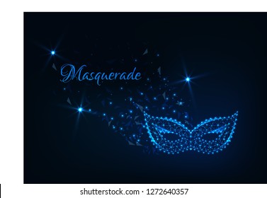 Masquerade abstract background with glowing low polygonal carnival  mask, stars and text on dark blue. Futuristic wireframe design vector illustration.