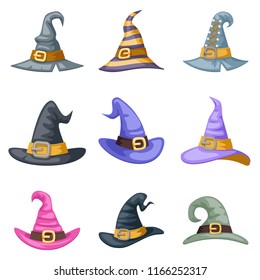 Masquerade artoon witch hat children halloween costume kid party icons set vector illustration