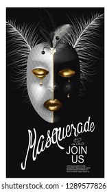 Masquerade background with two colored mask and feathers. Vector illustration