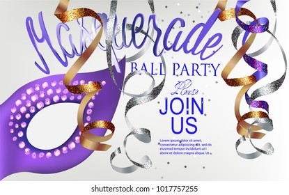 Masquerade Ball Party Invitation Banner With Mask And Hanging Serpentine. Vector Illustration