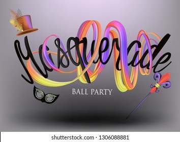 Masquerade ball party invitation card with levitating carnival objects and lettering. Vector illustration