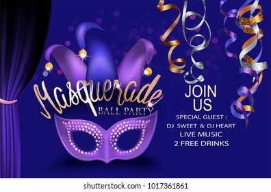 Masquerade Ball Party Purple Invitation Banner With Masquerade  Deco Object. Vector Illustration