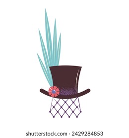 Sombrero marrón de mascarada con plumas y velo. Tocado de carnaval. Ilustración vectorial plana aislada sobre fondo blanco.
