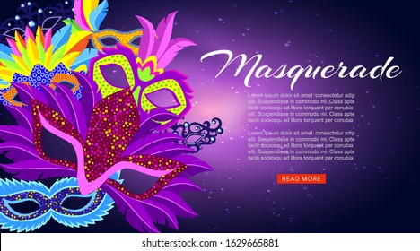 Masquerade, carnival or Mardi Gras banner with cartoon masks and feathers banner vector illustration. Venetian festival holiday masquerade colorful invitation.