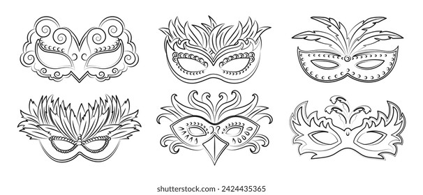 Masquerade carnival masks, outline drawing set. Illustration, sketch for coloring, vector