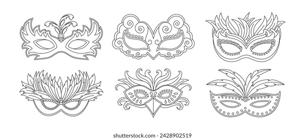 Masquerade carnival masks, outline drawing set. Illustration, sketch for coloring, vector