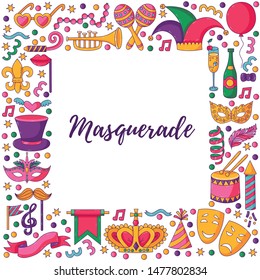 Masquerade cartoon icons square frame with vector design