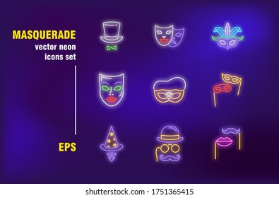 Masquerade collection in neon style. Mask, feather, theater and drama. Vector illustrations for bright signboards. Holiday and entertainment concept