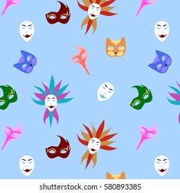 Masquerade colorful background with different carnival festive masks in flat style vector illustration 