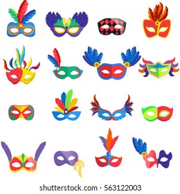 Masquerade colorful masks set. Collection of 16 carnival masks with feathers and jewels. Isolated. Vector