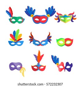 Masquerade colorful masks set. Collection of masks with feathers and jewels. Isolated. Vector