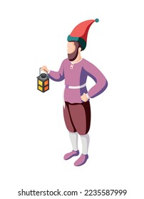 Masquerade cosplay isometric composition with isolated human character wearing festive costume vector illustration