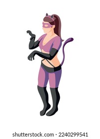 Masquerade cosplay isometric composition with isolated human character wearing festive costume vector illustration