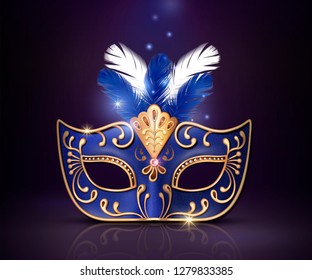 Masquerade decorative blue mask in 3d illustration on purple background